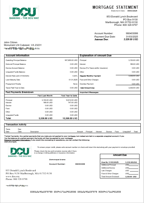 Download USA DCU bank  mortgage statement in Word and PDF formats Photoshop template